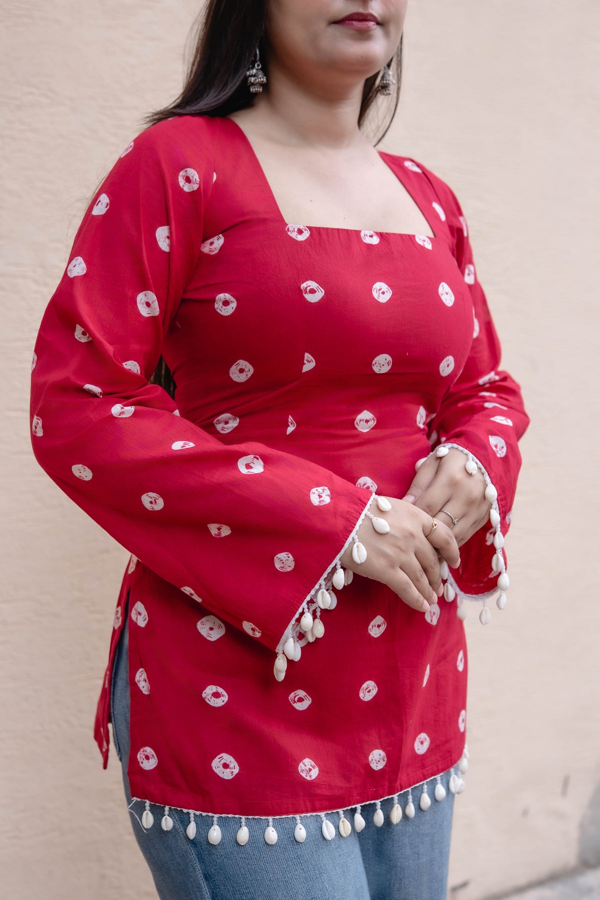 Women's Red Printed Rayon Top with Square Neck, Full Sleeves & Pom-Pom Hem D96