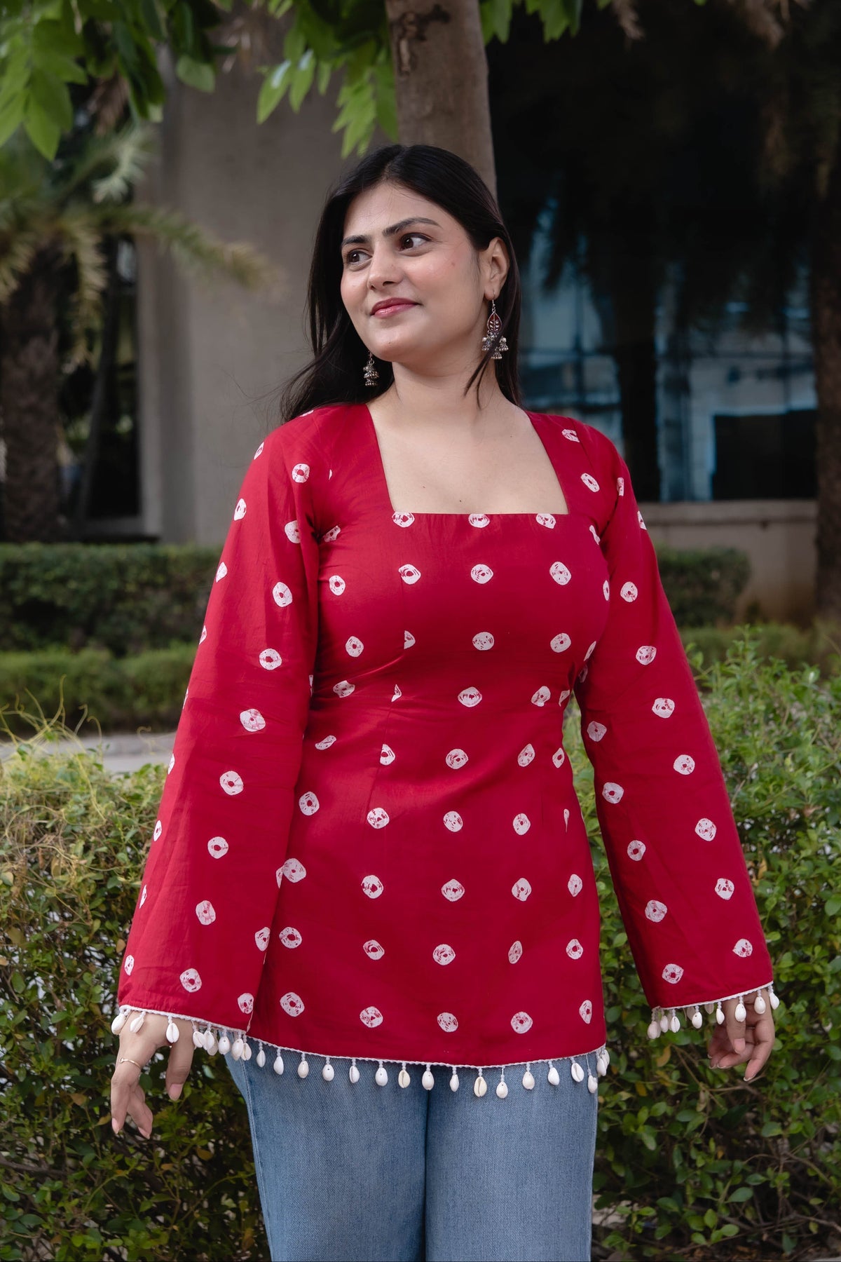 Women's Red Printed Rayon Top with Square Neck, Full Sleeves & Pom-Pom Hem D96