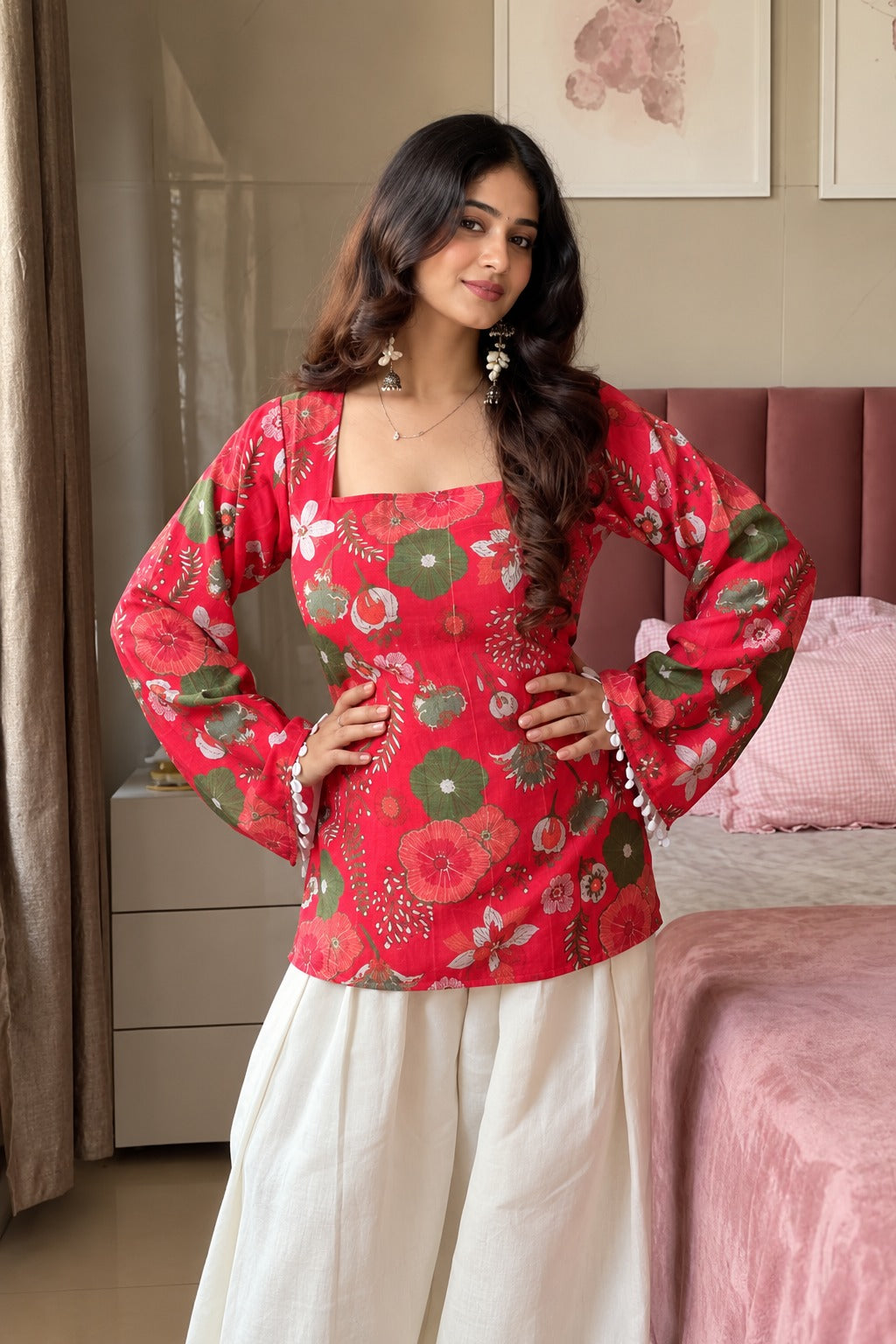 Women's Red Rayon Floral Printed Top with Square Neck D103