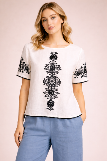 Women’s White Printed Top with Classic Black Motif D31
