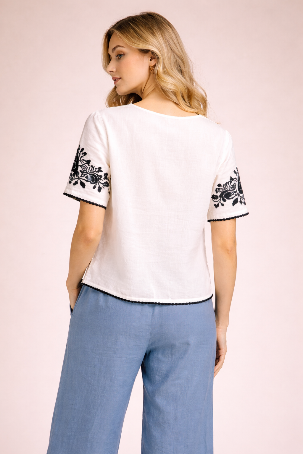 Women’s White Printed Top with Classic Black Motif D31