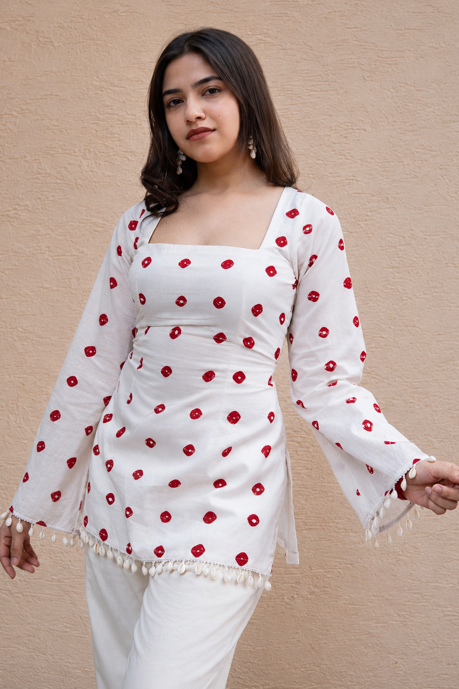 Women's White Rayon Polka Dot Top with Shell Tassel Bell Sleeves | Trendy Casual Wear Top D83