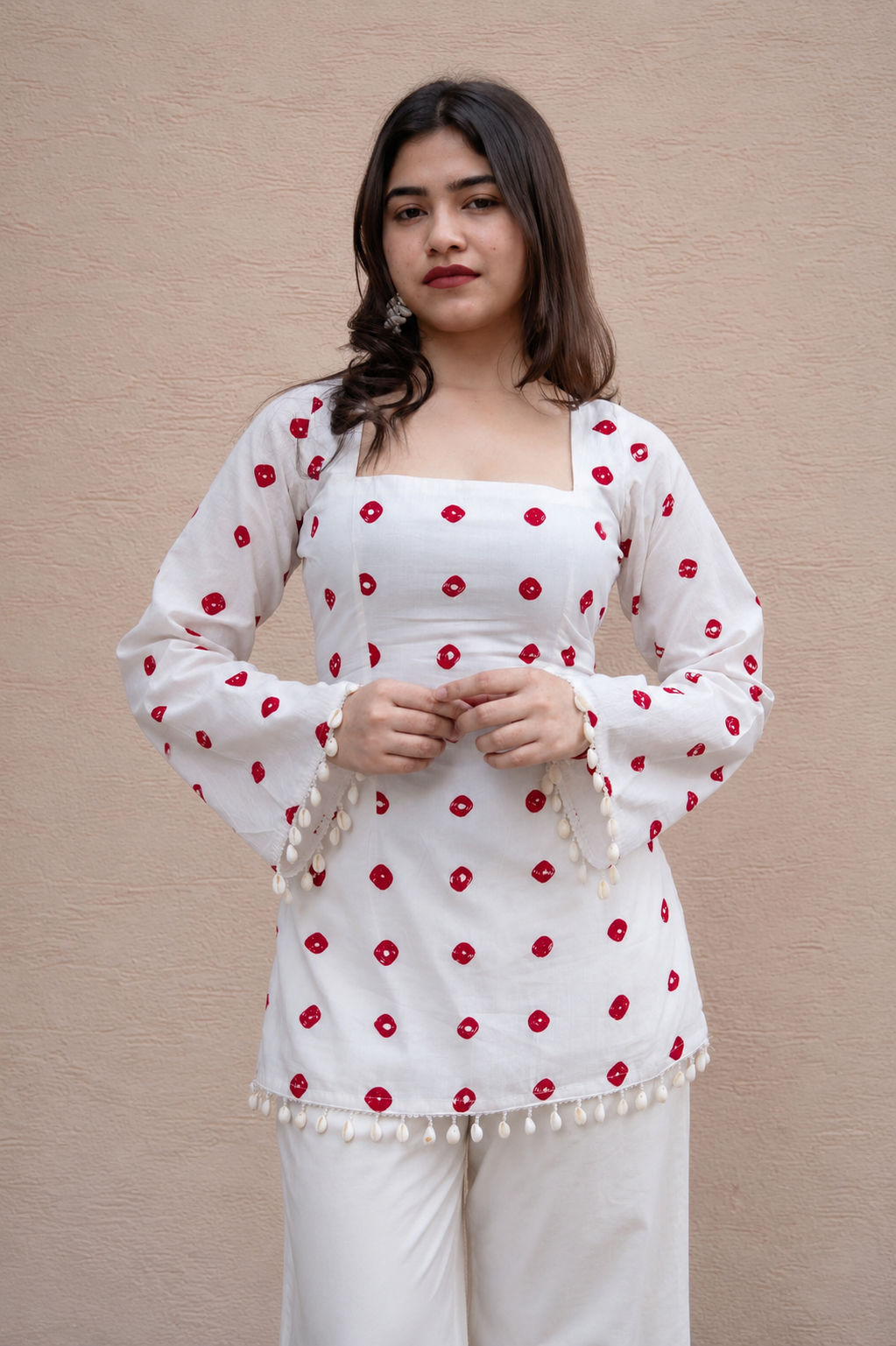 Women's White Rayon Polka Dot Top with Shell Tassel Bell Sleeves | Trendy Casual Wear Top D83