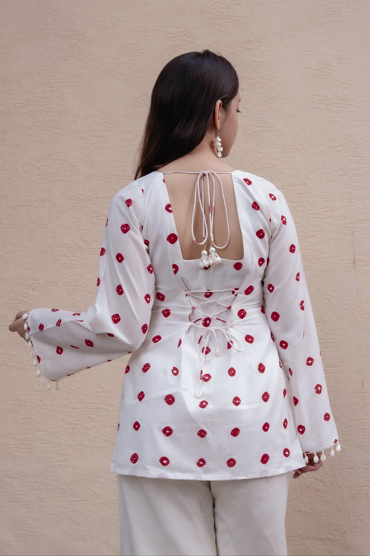 Women's White Rayon Polka Dot Top with Shell Tassel Bell Sleeves | Trendy Casual Wear Top D83