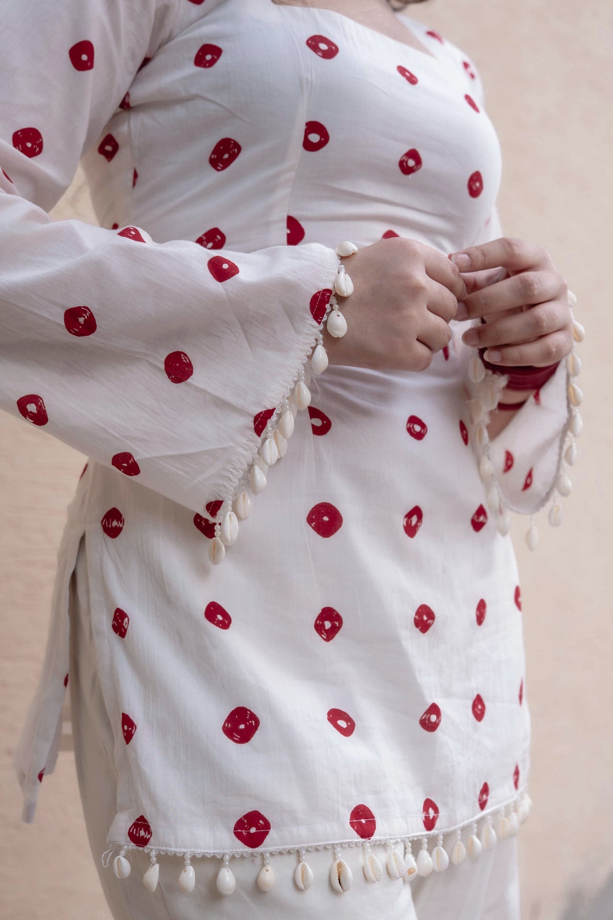 Women's White Rayon Polka Dot Top with Shell Tassel Bell Sleeves | Trendy Casual Wear Top D83