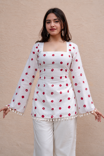 Women's White Rayon Polka Dot Top with Shell Tassel Bell Sleeves | Trendy Casual Wear Top D83